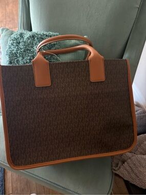 Jones New York Brown Monogram Laptop Tote with Tan Trim